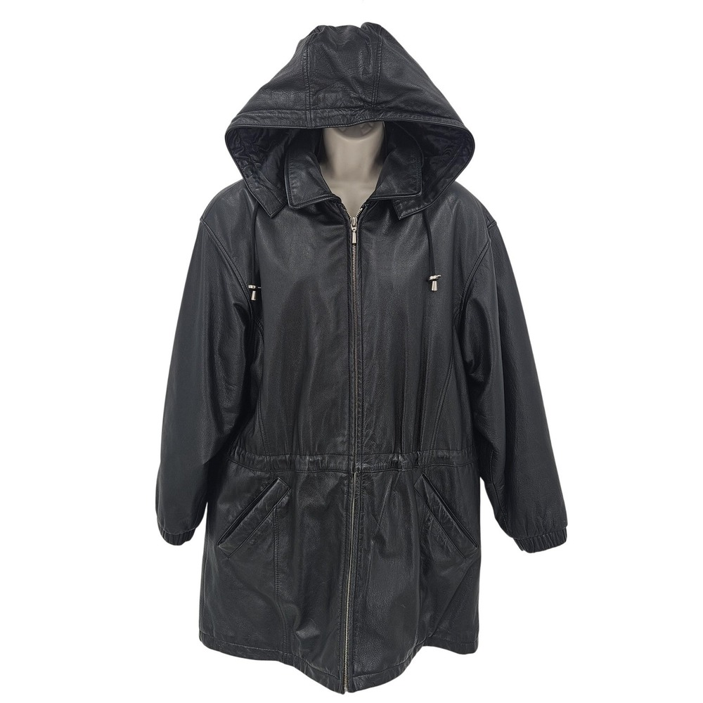 Wilsons Leather Jacket Women S Black Detachable Hood Quilted‎ Pockets Long Line